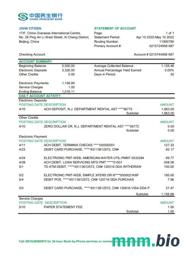 China Merchants wzór wyciągu bankowego w formacie Word i PDF